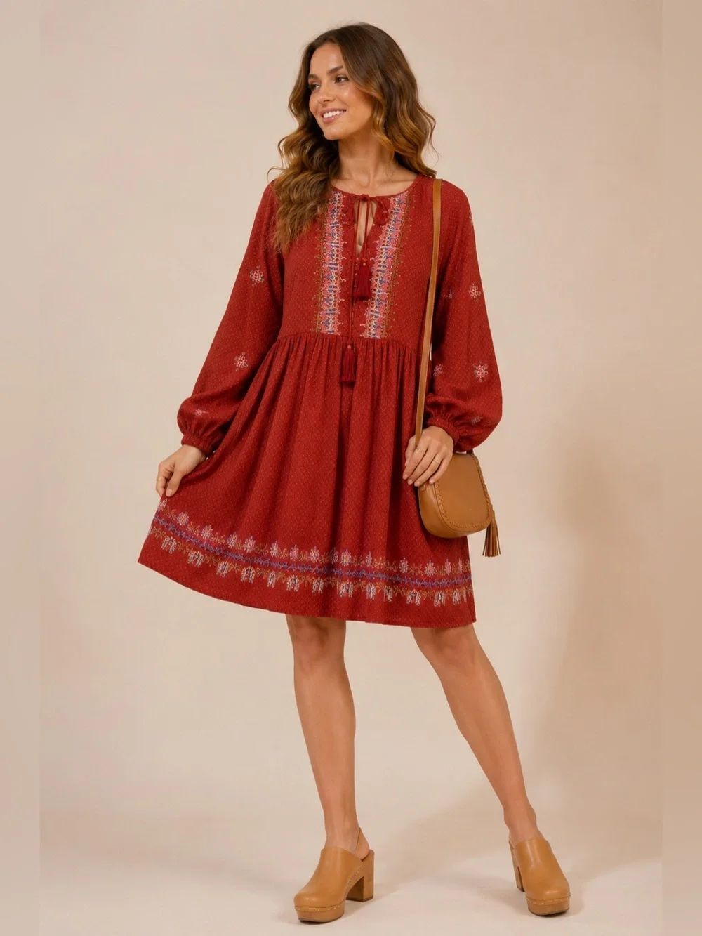 Knox Rose Boho Embroidered Balloon Sleeve Tassel Dress Red Size Small Cottagecor